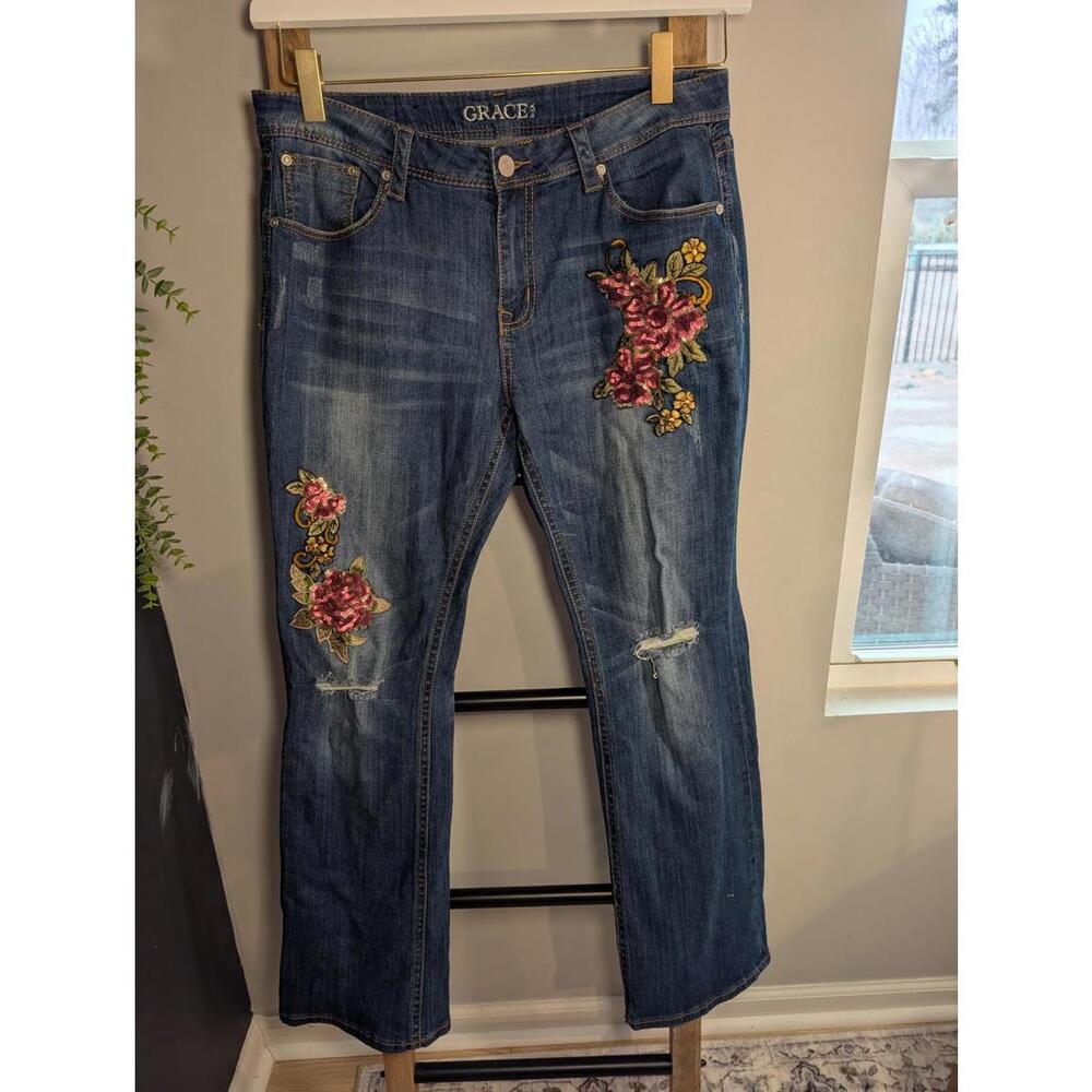 Grace in LA Flower Embroidered Blue Denim Jeans 34x32